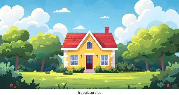 Cartoon Illustration of a Yellow House in a Green Meadow