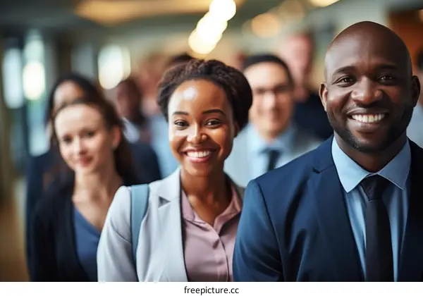 Black professionals smiling in a group of diverse business people