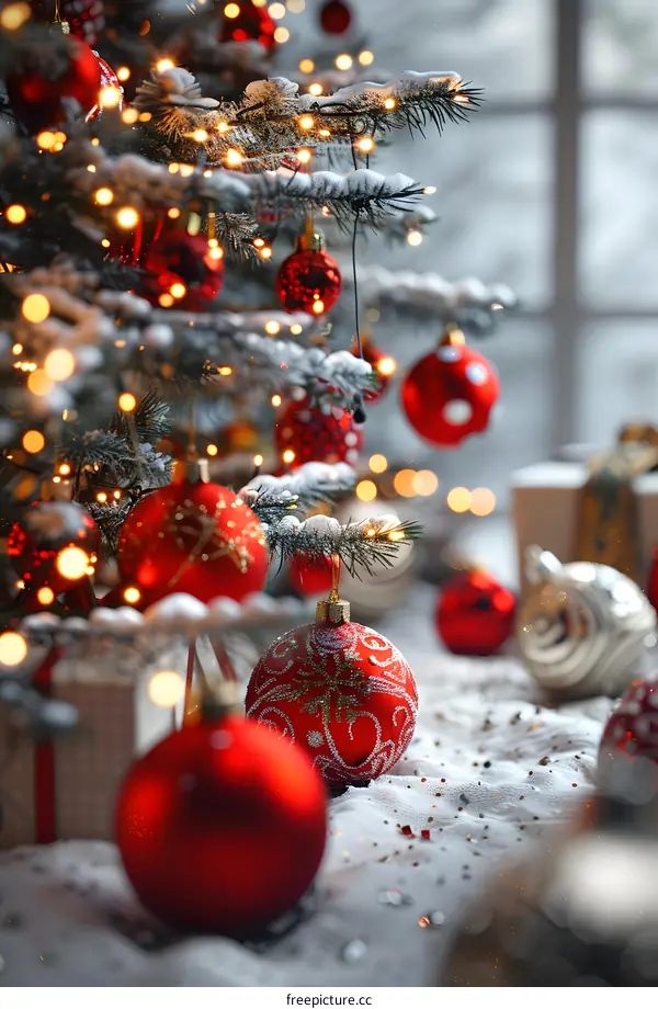 Christmas tree with red ornaments and lights