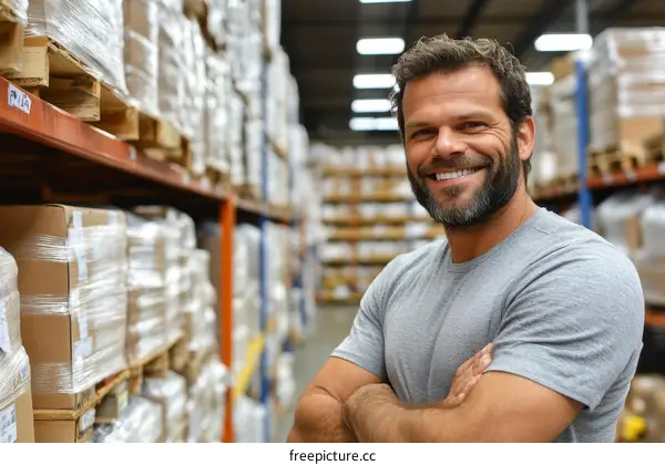 Warehouse Worker Smiling in Warehouse Filled with Packages