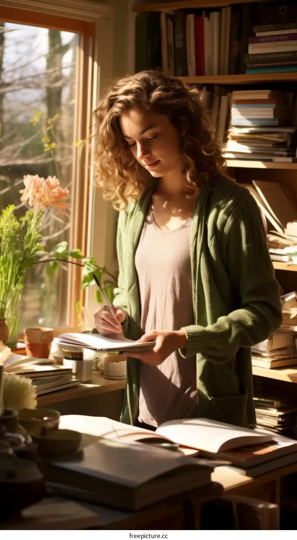 Young woman writing in her journal by the window