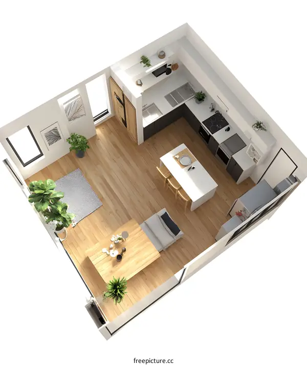 Modern Apartment Kitchen and Living Room Interior Design Plan Top View Illustration