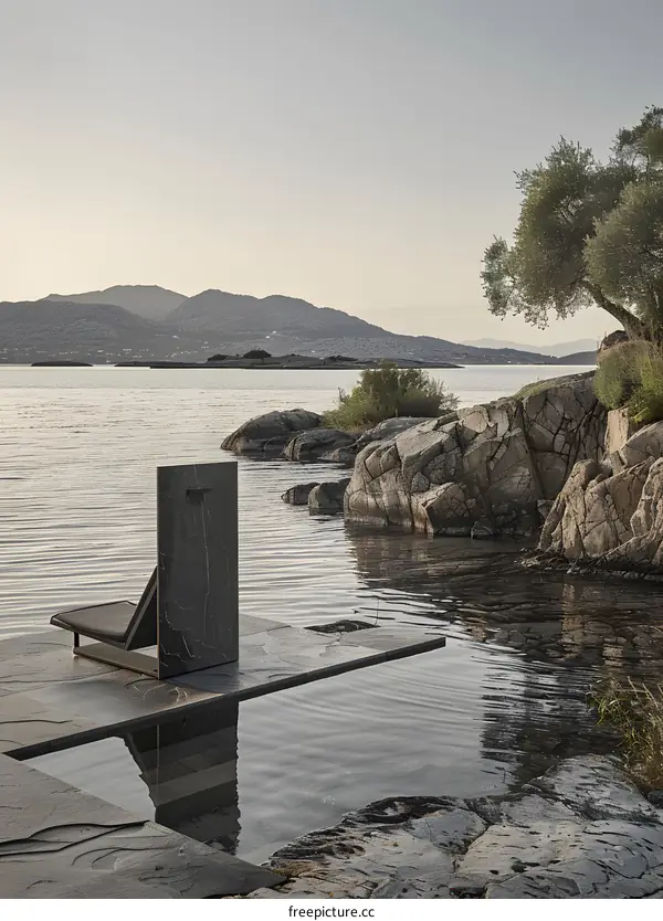 Modern Stone Chair on Platform Overlooking Sea