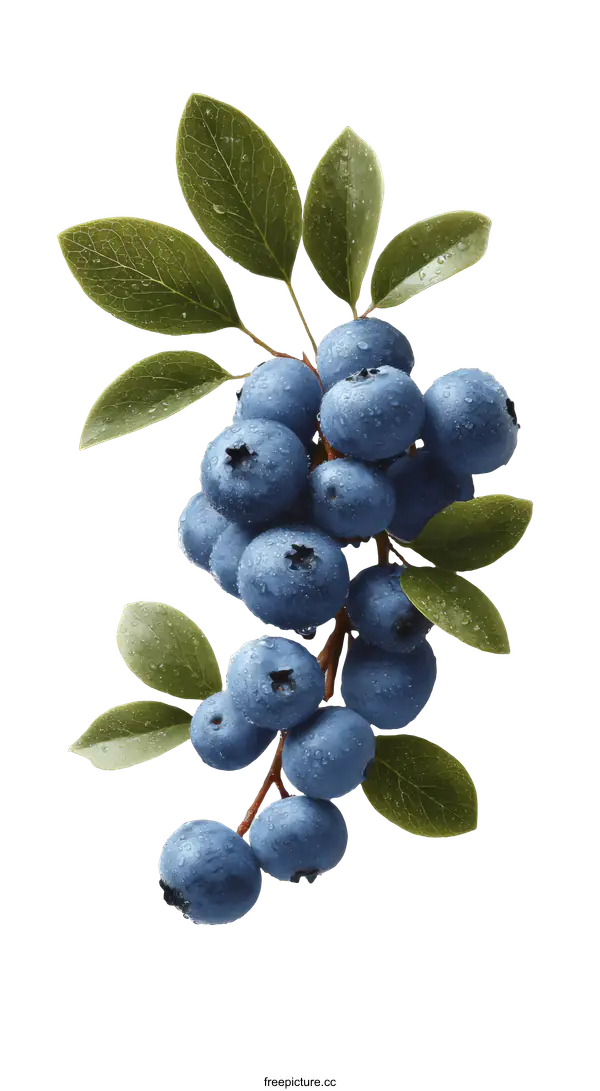 [Transparent Background PNG]Fresh Blueberries on Branch with Leaves