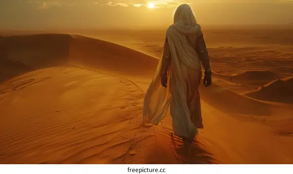 A person walking alone in the desert