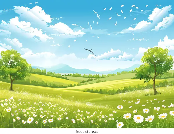 Springtime Landscape with Green Meadow and Daisy Flowers