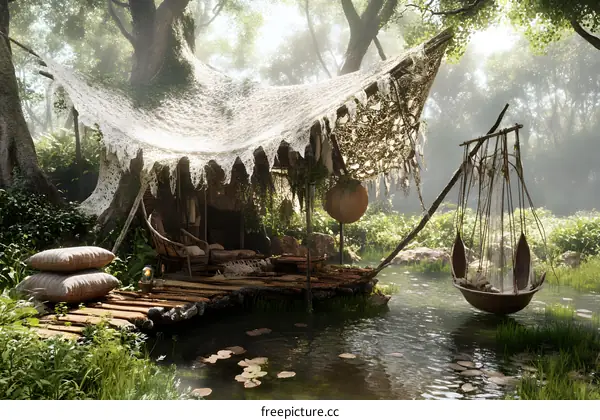 Mystical Forest Shelter with Hanging Chair and Wooden Platform