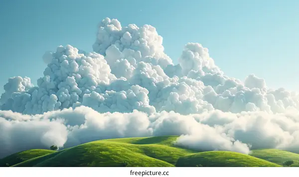 fluffy cloudscape over green hills