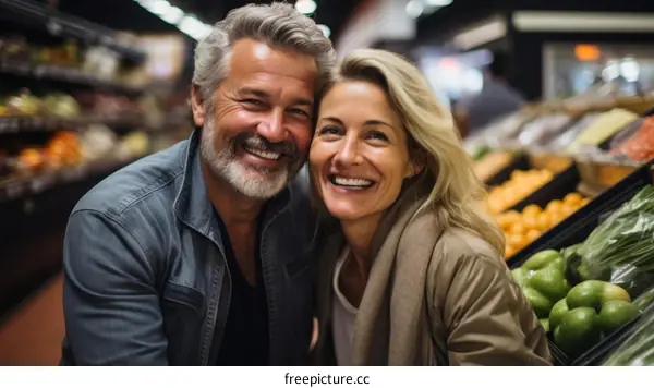 Happy couple grocery shopping together