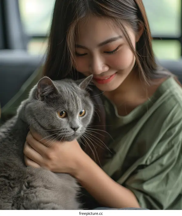 A young woman is smiling and hugging a gray cat.