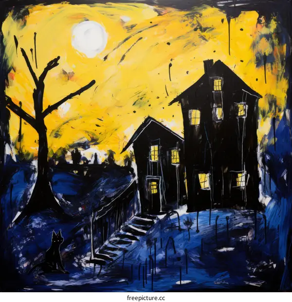 Eerie Black Cat and House Under the Moonlit Sky