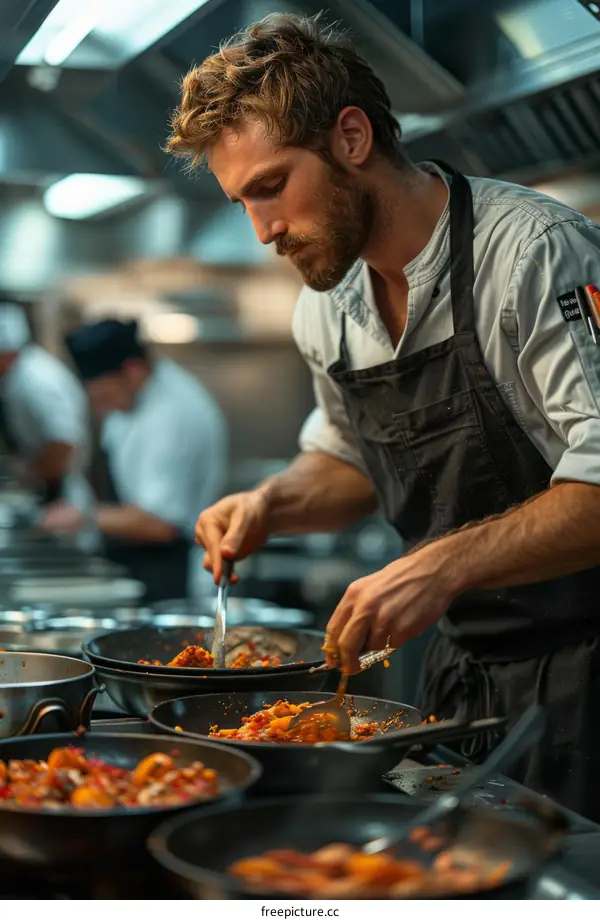 Focused male chef cooking in a commercial kitchen