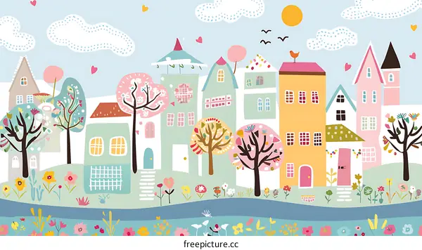 Colorful Illustration of a Town with Houses and Trees