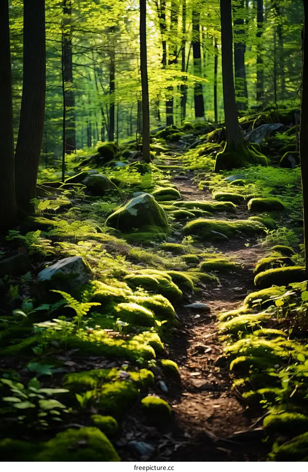 The sun shines through the green forest