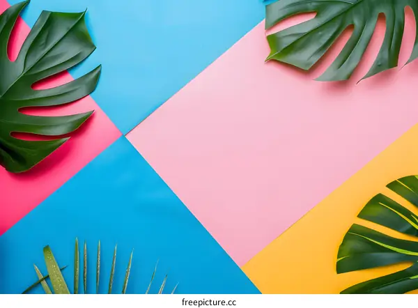 Tropical Leaves On Colorful Background