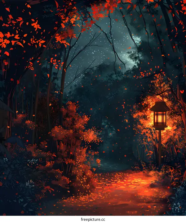 A lantern in the middle of a forest path at night