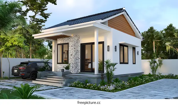 Modern Minimalist House Design with a Stone Wall and a Car in Front