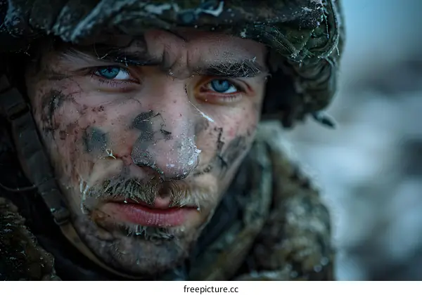 Portrait of a soldier with blue eyes and a beard, wearing a military helmet and a camouflage uniform, with a frosty face