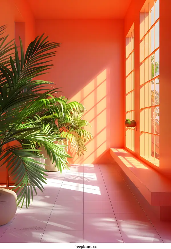 A bright orange room with a potted palm tree