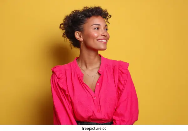 Happy Woman in Vibrant Pink Blouse