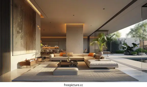 Modern Minimalist Open Concept Living Room with Pool View