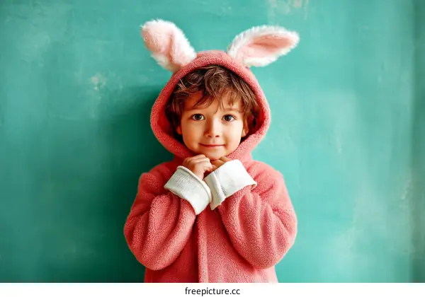 Adorable Child in Pink Bunny Costume against Teal Wall