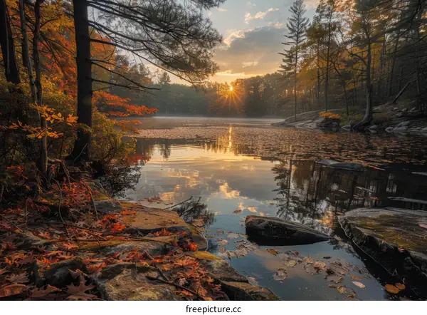 A beautiful autumn landscape with a lake, trees, and a sunrise