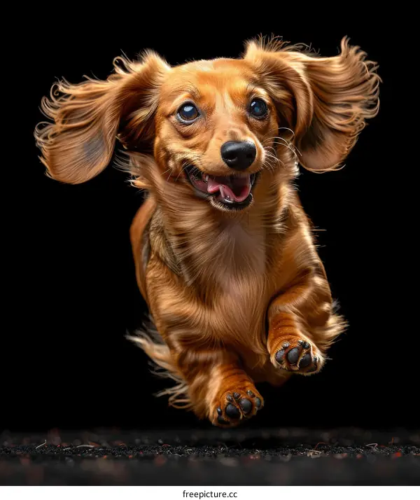A happy brown long-haired dachshund dog running with its ears blown back