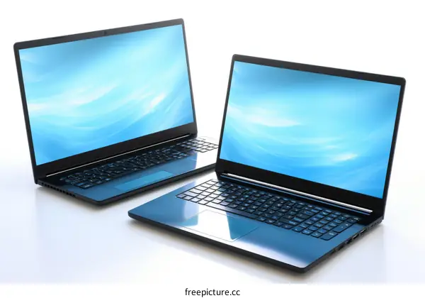 Two open blue laptops on a white table