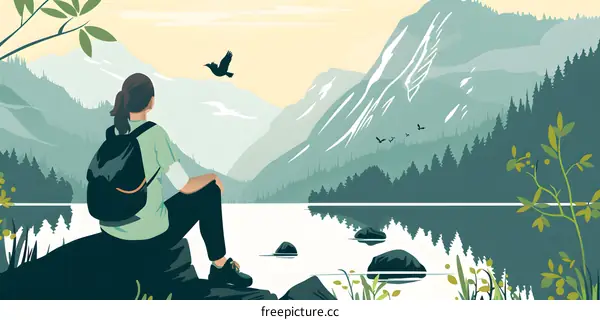Woman Sitting by Lake in Mountains with Birds Flying