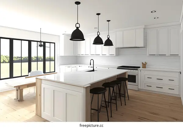 Modern Kitchen Interior Design with White Cabinets and Black Pendant Lights