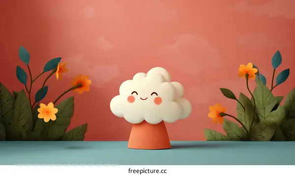 Cute Cartoon Cloud Tree Illustration with Flowers and Plants