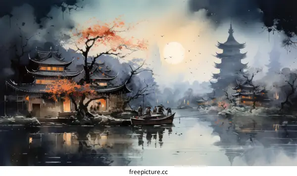 A Chinese Village on a River with a Boat and People Fishing