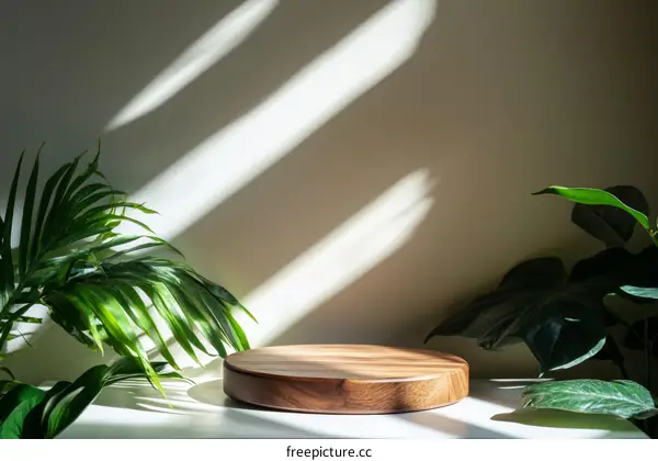 Wooden Display Stand with Sunlight and Plants