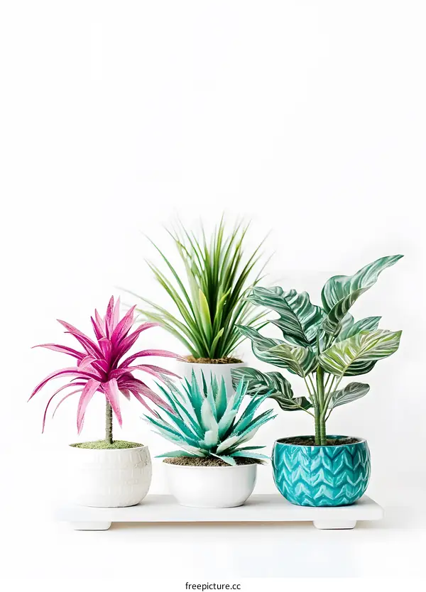 Four Potted Plants in a Row on a White Shelf