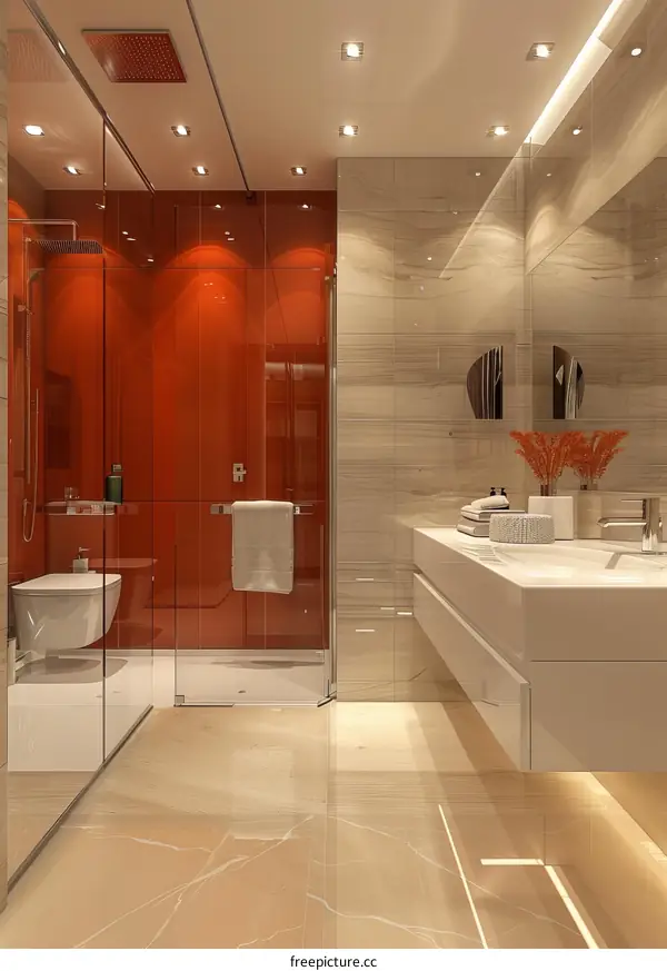 Modern Bathroom Interior Design with Orange Accent Wall