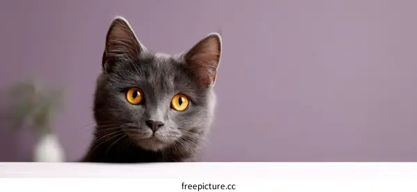Close-up Grey Cat Portrait Against a Lavender Background