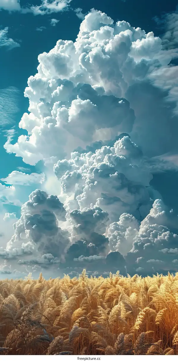 Golden Wheat Field Under Blue Sky with White Clouds
