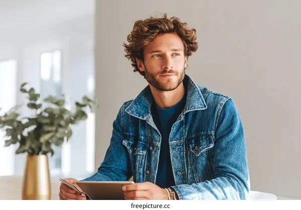 Thoughtful Man Examining Digital Tablet in Casual Outfit