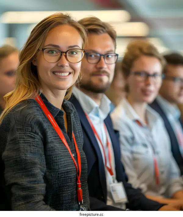 Portrait of a group of business professionals smiling at a conference