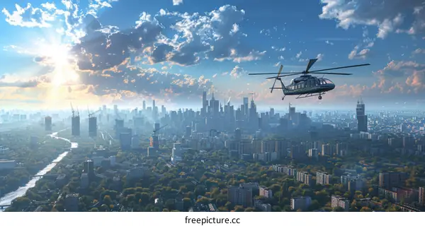 Aerial View of Modern City with Helicopter