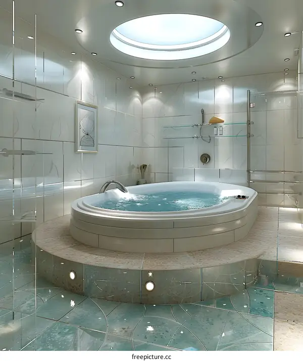 Luxury bathroom interior with jacuzzi, glass shower and marble floor