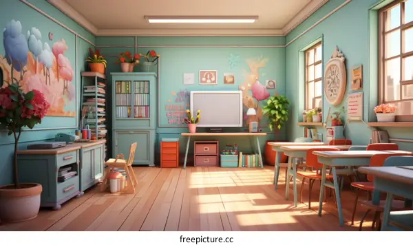 A classroom with a lot of decorations on the walls