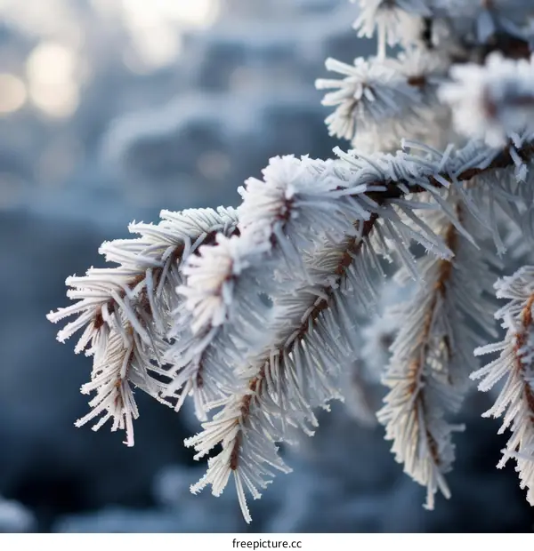 Close-up of a snow-covered fir tree branch against a blurred background