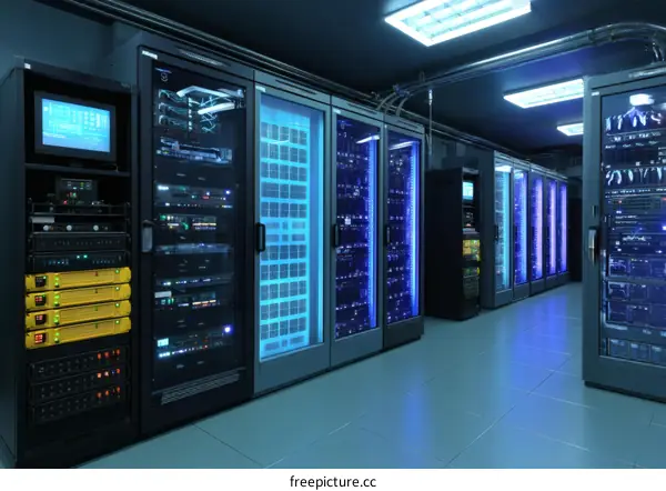 Modern Data Center with Illuminated Racks