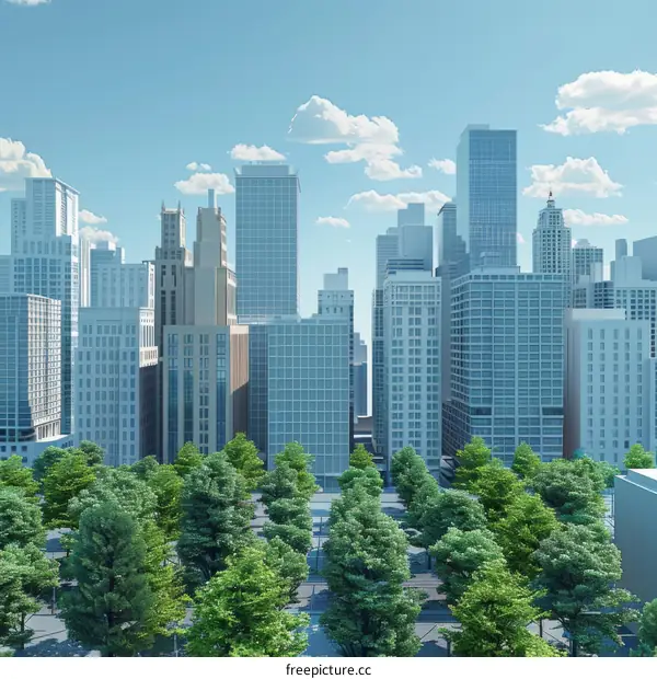 Cityscape with Skyscrapers and Verdant Trees