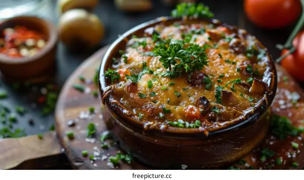 Hearty Beef Stew with Crispy Cheese Topping