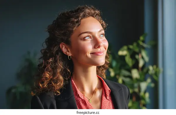 A young woman with curly hair smiles and looks up in office