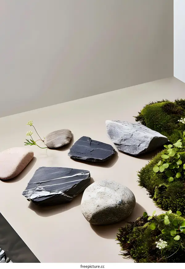 Natural Stone Arrangement with Green Moss
