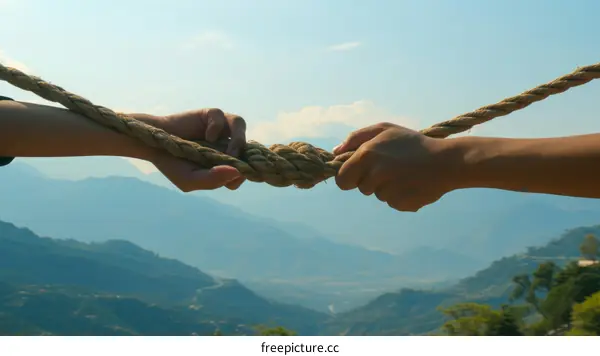 Two hands pulling a rope in a tug of war against a mountainous backdrop